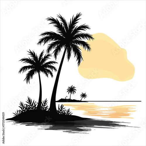 sunset palm trees on a beach, palm, tree, beach, summer, island, tropical, vector, sea, sun, silhouette, illustration, landscape, nature, ocean, sunset, travel, sky, paradise, coconut, holiday, palm t