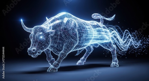 Digital Blue Bull Charging with Energy on Dark Background
