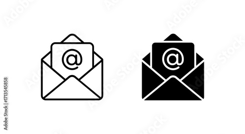 Email and mail envelope icon. Open letter with mention sign symbol for inbox and communication