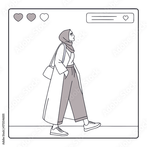 Minimalist line art vector of a young Muslim woman in hijab walking with casual fashion style, wearing coat, pants and sneakers, modern lifestyle concept illustration