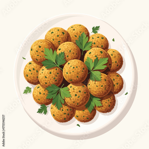 Delicious Falafel Balls with Fresh Parsley on a White Plate, Healthy Middle Eastern Cuisine