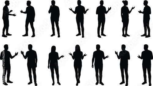 Silhouette people talking vector illustration, group communication, business discussion, casual conversation, standing posture, teamwork interaction, professional meeting, modern design, office chat