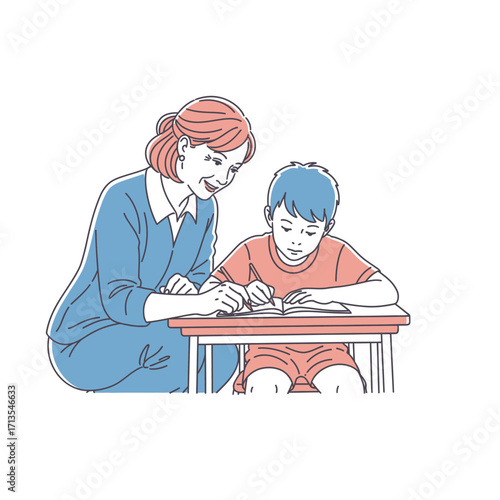 Illustration depicting a patient teacher assisting a young student with his homework, emphasizing the importance of education and guidance in learning