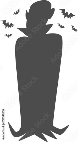 Spooky vampire silhouette with high collar pointed ears and flying bats.