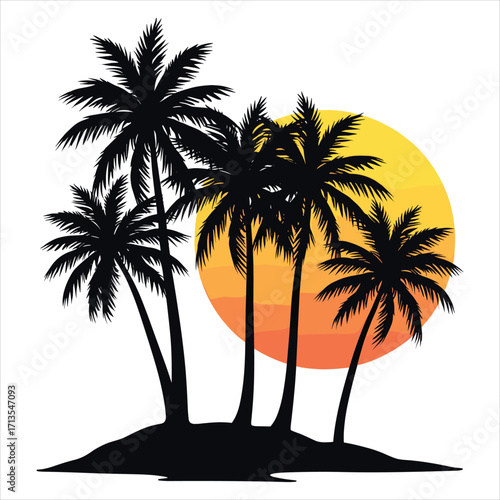 sunset palm trees on a beach, palm, tree, beach, summer, island, tropical, vector, sea, sun, silhouette, illustration, landscape, nature, ocean, sunset, travel, sky, paradise, coconut, holiday, palm t