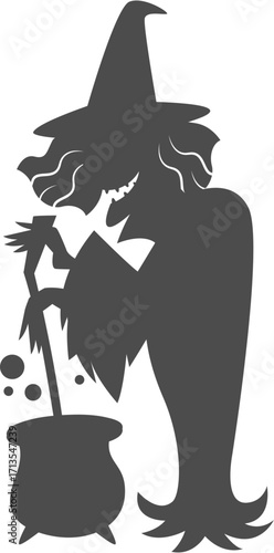 Spooky witch silhouette stirring bubbling cauldron featuring pointy hat and jagged teeth.