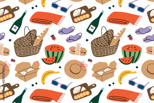Summer picnic pattern with baskets, blankets, food and drinks. Flat cartoon seamless design with watermelon, bread, cheese, wine, fruits, sandwiches, hat, sunglasses, picnic accessories illustration