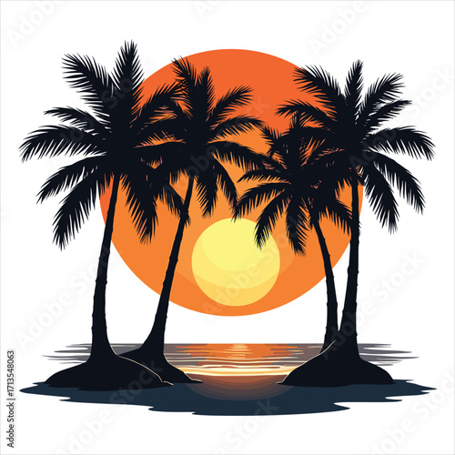 sunset palm trees on a beach, palm, tree, beach, summer, island, tropical, vector, sea, sun, silhouette, illustration, landscape, nature, ocean, sunset, travel, sky, paradise, coconut, holiday, palm t