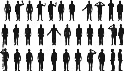 Male silhouette vector illustration, standing man poses, black figure collection, business person, professional worker, human gesture, posture, occupation design, teamwork