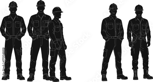Silhouette construction workers in uniform with helmets, male engineers, builders, industrial labor team, vector illustration, professional occupation, safety and teamwork