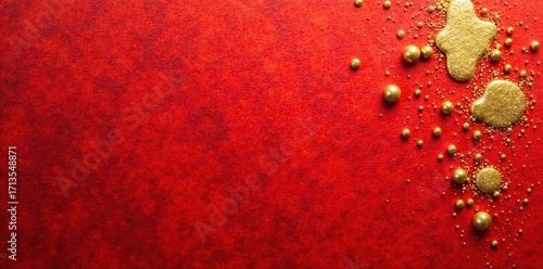 Abstract gold ink splatters on red textured paper Flat lay , flatlay, red texture