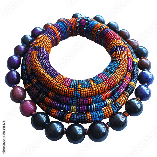 Vibrant african inspired beaded necklace with colorful woven fabric and large dark purple beads isolated on transparent background