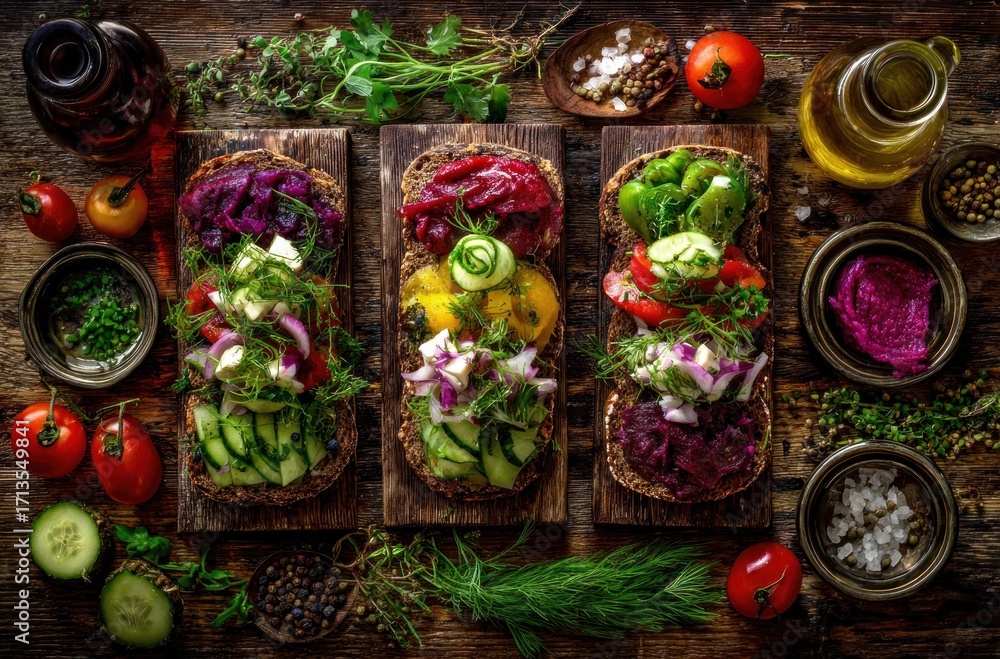 Fototapeta premium Three open-faced sandwiches, each with uniquely arranged colorful vegetables atop toasted bread, presented on wooden boards with various herbs & spices