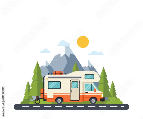 Flat vector illustration of a camper van on a road trip