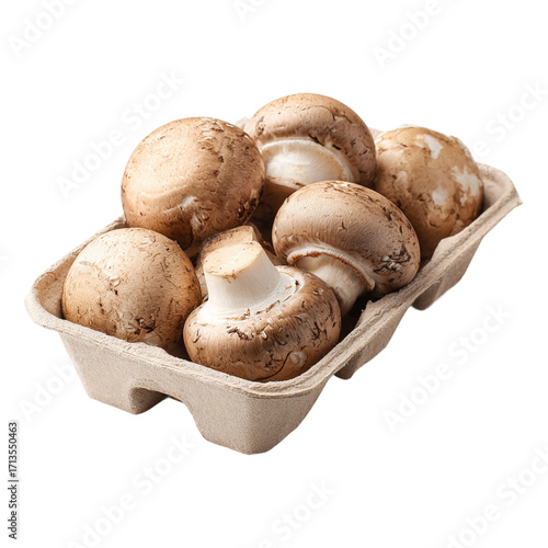 Fresh brown mushrooms in eco-friendly cardboard tray isolated on white background, organic vegetables for cooking, natural food and healthy diet.