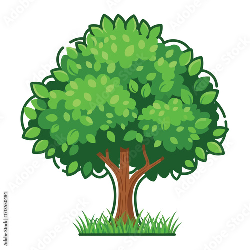 Cartoon green deciduous tree with lush foliage and grass on white background vector