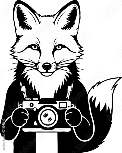 Fox Photographer Holding Camera - Black and White Illustration