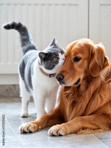 Playful dog and cat interaction in a cozy home setting adorable companions warm atmosphere