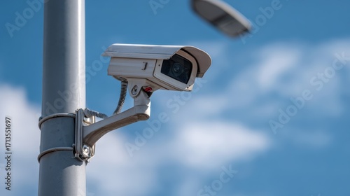 Modern security camera mounted on a pole under a clear blue sky, ensuring safety and surveillance.