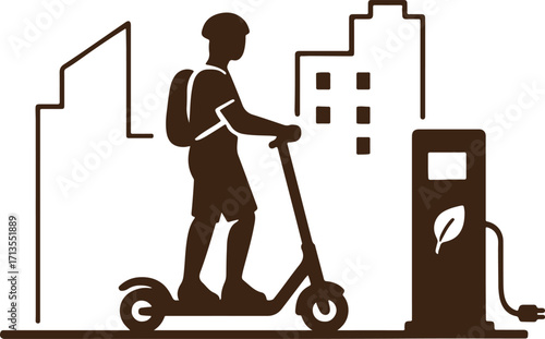 Silhouette of person on electric scooter at urban charging station