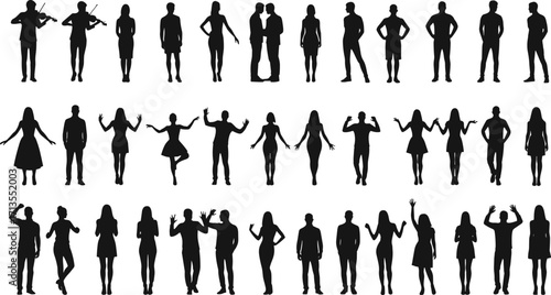 Silhouette people vector illustration, man and woman standing, walking, dancing, posing, group figures, black shadow design, human character outline art