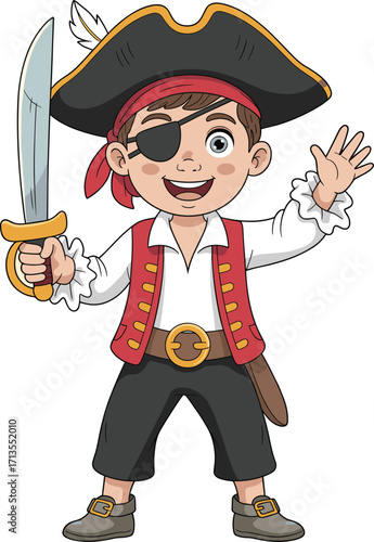 Cute cartoon pirate boy character with sword, eyepatch, hat, red vest, happy smile, waving hand, cad drawing flat vector illustration