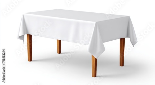 Rendered illustration of a table with a white tablecloth, viewed from a high angle, casting a subtle shadow on a white background