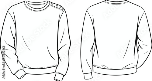 Fashion cad drawing flat vector illustration of sweatshirt with shoulder buttons, front and back view, casual wear, apparel sketch