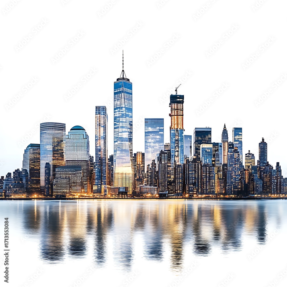 Obraz premium Modern city skyline with reflections on water at dusk
