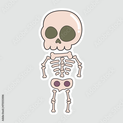 Cartoon Skeleton Sticker. A cute, stylized vector illustration of a simple skeleton with a large head and visible bones. Perfect for Halloween-themed designs, stickers, and decorations