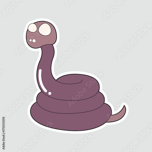 Creepy Cartoon Snake Sticker. A cute, stylized vector illustration of a purple snake with large eyes, coiled in a stack. Perfect for Halloween-themed designs and decorations