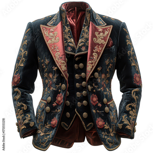 Ornate black velvet tailcoat jacket with intricate gold and pink embroidery and brocade vest isolated on transparent background