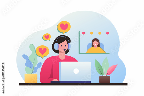 Woman wearing headphones and talking on a video call with a smiling person receiving positive feedback