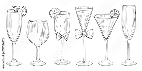 Collection of hand drawn cocktail glasses and champagne flutes with garnishes and decorative bows