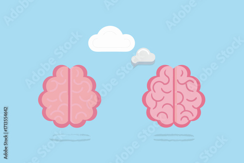Two stylized pink brains floating in the air with thought bubbles and clouds above them against a blue background