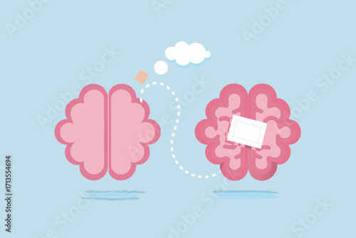 Conceptual illustration of two pink brains communicating ideas and thoughts through a dotted line and thought bubble