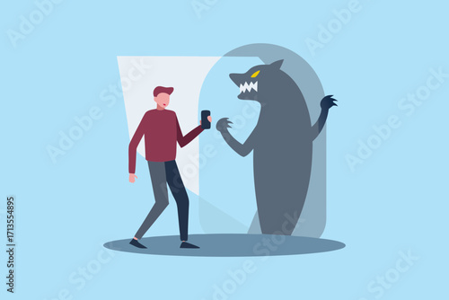 Man holding smartphone confronts a shadowy wolf monster emerging from a digital portal