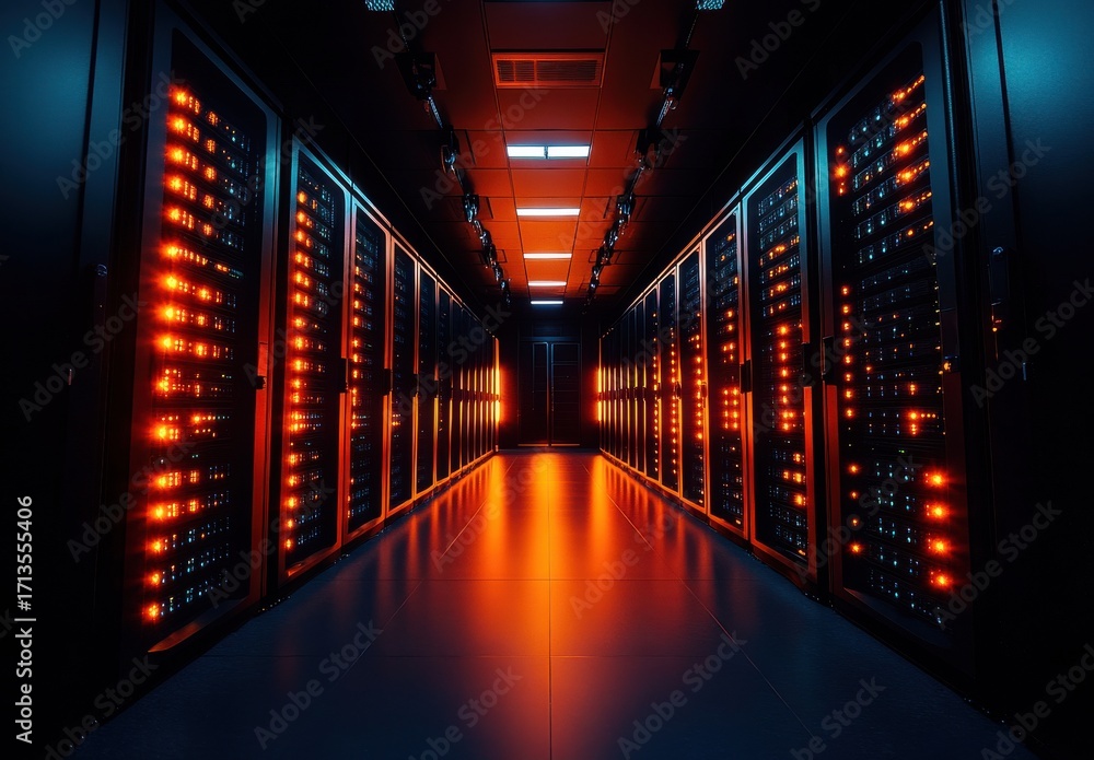 Fototapeta premium Illuminated Server Room Interior Glowing Orange and Blue Racks