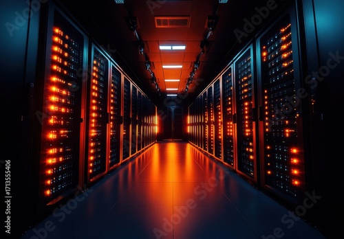 Illuminated Server Room Interior Glowing Orange and Blue Racks