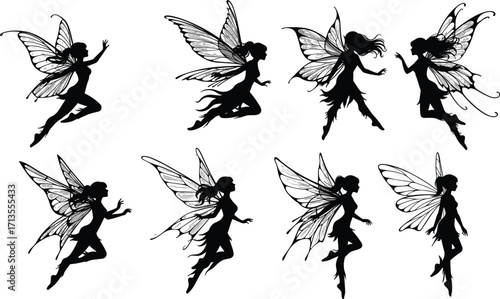 Fairy silhouette vector illustration, fantasy magical fairies flying, black wings art, mystical sprite design, enchanted mythical creature drawing, whimsical
