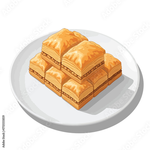 Delicious sweet baklava dessert stack, golden brown crunchy pastry layers filled with chopped nuts and drenched in sweet syrup, served on a white plate, a tempting treat