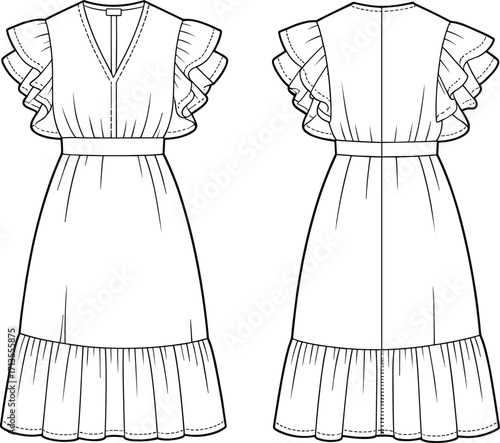 Fashion dress CAD drawing, flat technical sketch, ruffle sleeve midi dress, detailed vector fashion illustration, front and back view
