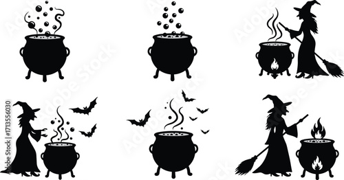 Set of witch and cauldron silhouettes with steam, bats, and flames, magical Halloween potion‑making illustration for decoration, design, and storytelling