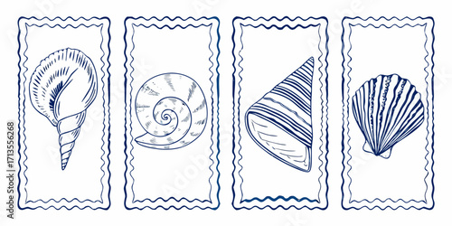 Collection of four distinct hand drawn blue ink seashells in decorative frames on white background