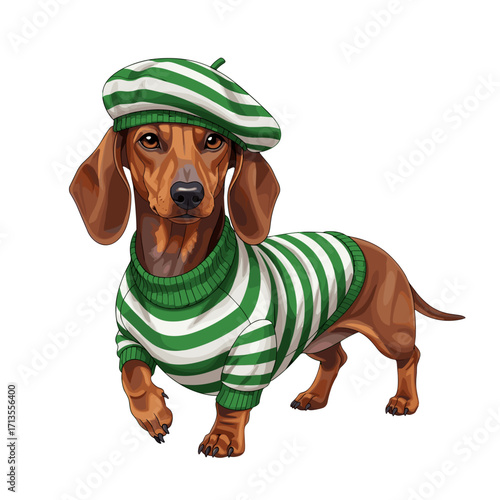 dachshund, sausage dog, wiener dog, cute dog, cartoon dachshund, stylish dog, fashionable dog, dog in sweater, striped sweater dog, beret dog, confident dog, walking dog, trendy pet, adorable dog, chi