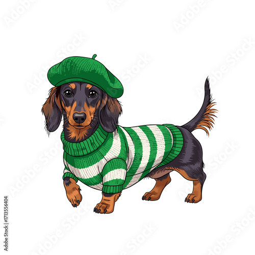 dachshund, sausage dog, wiener dog, cute dog, cartoon dachshund, stylish dog, fashionable dog, dog in sweater, striped sweater dog, beret dog, confident dog, walking dog, trendy pet, adorable dog, chi