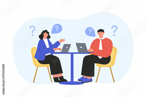 Two people sitting at a table with laptops and question marks above their heads symbolizing confusion or a problem solving session