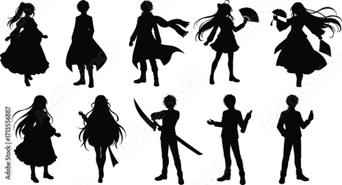 Set of anime and manga character silhouettes with dynamic poses, unique hairstyles, and accessories, fantasy illustration for design, storytelling, and decoration