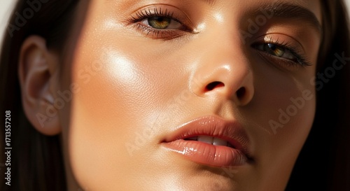 Radiant Beauty - Close-up of a Womans Glowing Skin and Features.