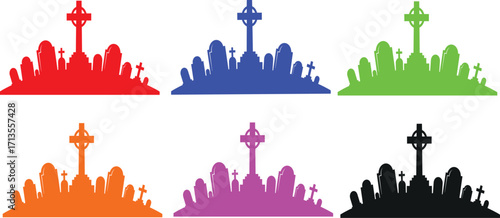 Eerie graveyard silhouette with Celtic cross tombstone against a white background for Halloween designs